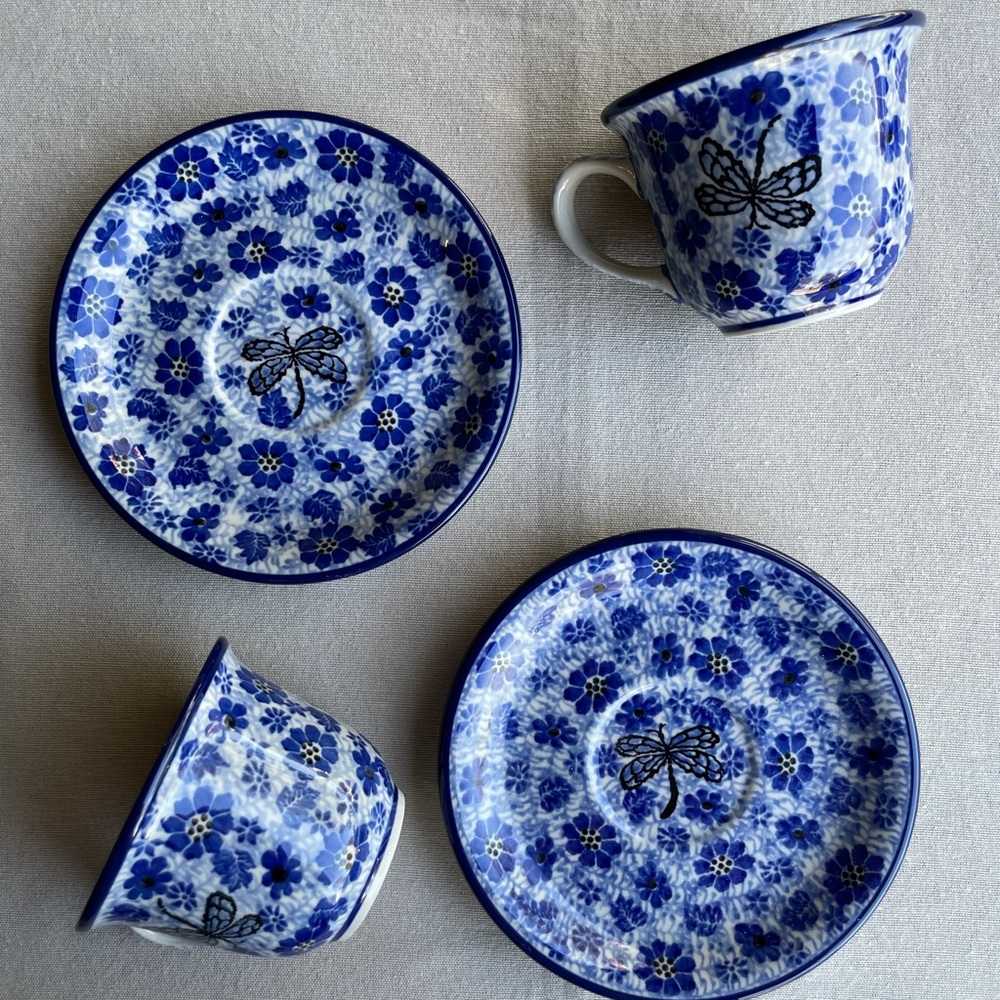 ✨SOLD✨ Polish Pottery 2 Cup with Saucer 7 oz Misty Dragonfly